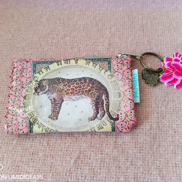 Papaya Art Zippered Coin Purse w/Key Ring, Leopard Design, Boho Chic, NWT - Picture 1 of 6